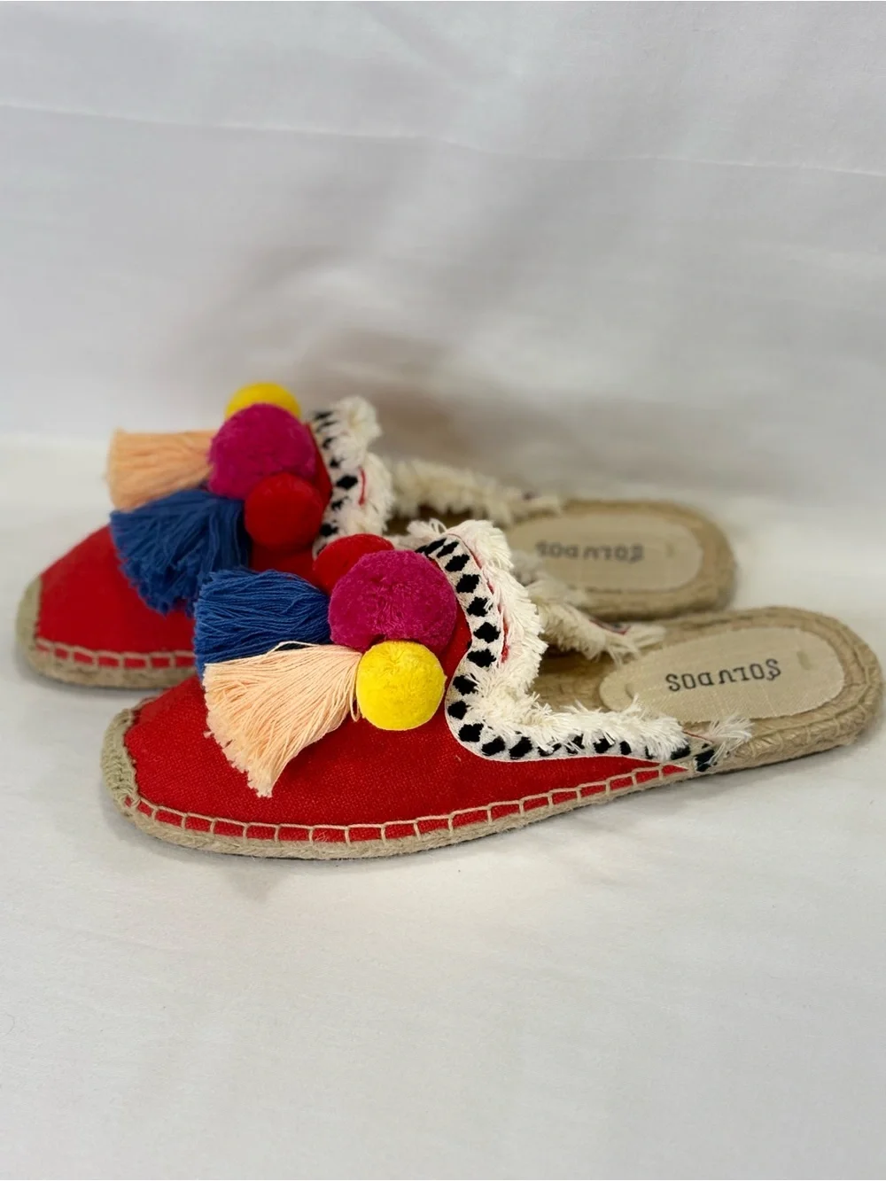 NWOB SALUDOS Red Colorful Pom-Pom Espadrille Mules SZ 6 $110